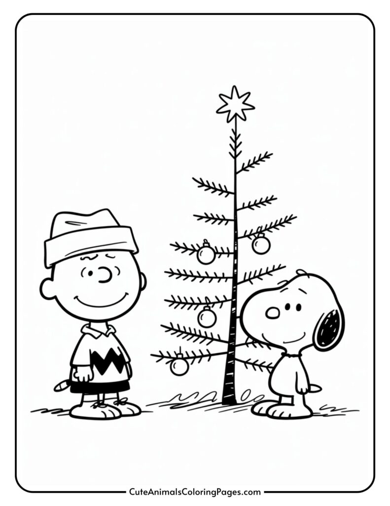 Two cartoon characters are standing next to a small Christmas tree. The character on the left is wearing a winter hat and zigzag shorts, and the character on the right is a dog with a big nose and they are both smiling.