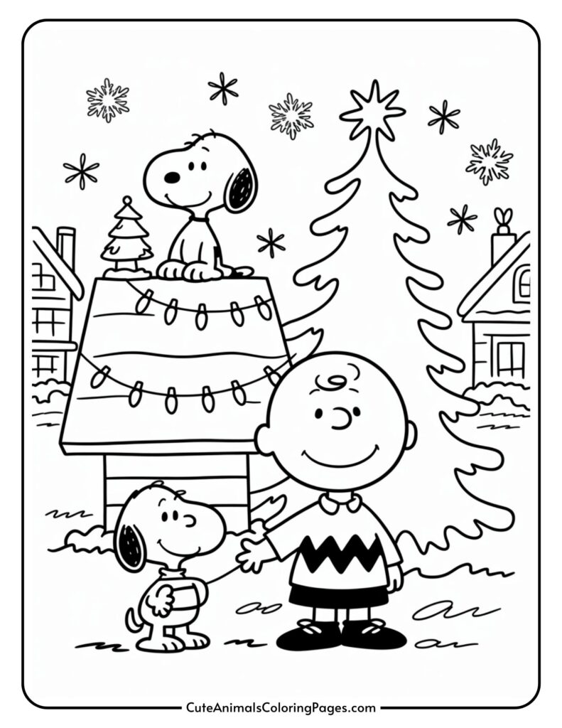 A cartoon dog sits on a decorated dog house next to a smiling boy holding the hands of another similar dog. A large Christmas tree is in the background with snowflakes around it.