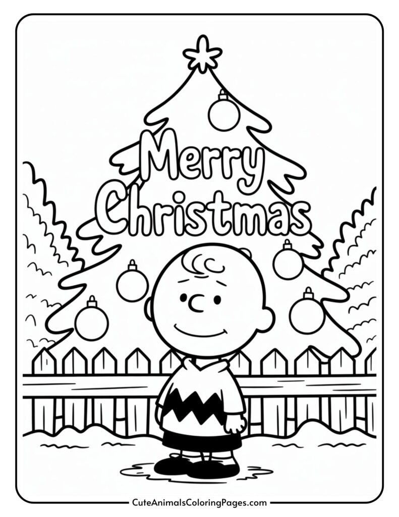 A coloring page featuring a smiling cartoon boy standing in front of a Christmas tree decorated with baubles. Words about him "merry christmas" are written. In the background is a wooden fence covered with snow. The page contains the 'CuteAnimalsColoringPages.com' website logo.
