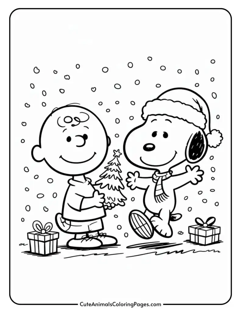 A cartoon boy holding a small Christmas tree stands beside a happy dog wearing a Santa hat and scarf, surrounded by falling snowflakes, with gift boxes on the ground.