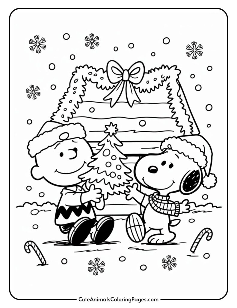 Two cartoon characters wearing winter hats and scarves are standing outside a cabin decorated with a Christmas wreath. Between them they hold a small Christmas tree, surrounded by snowflakes and candies.