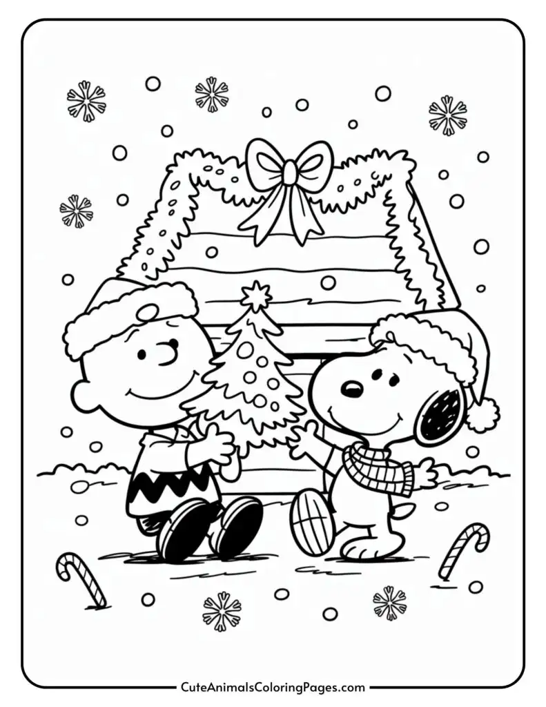 Two cartoon characters wearing winter hats and scarves, standing outside a cabin decorated with a Christmas wreath. They are holding a small Christmas tree between them, surrounded by snowflakes and candy canes.