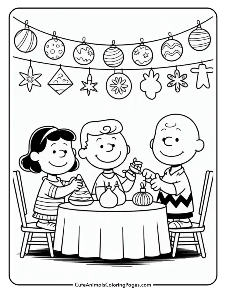 Three animated children sitting around a table, decorating ornaments under a string of hanging Christmas decorations.