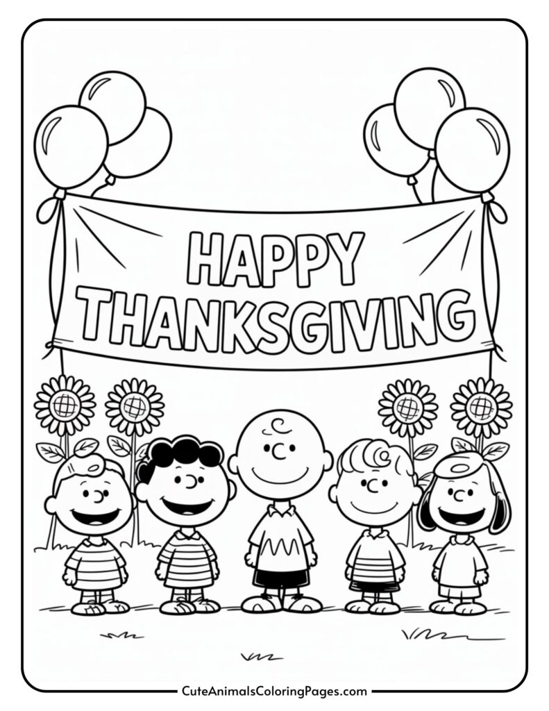 A colored page that five carton characters in a row below a