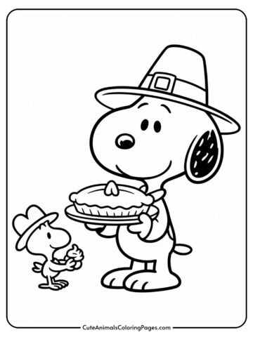 A cartoon dog wearing a pilgrim hat holds a pie, while a small bird with a hat looks up, holding a cupcake.