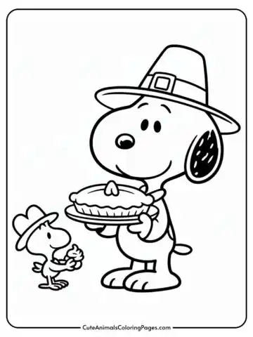 A cartoon dog wearing a pilgrim hat holds a pie, while a small bird with a hat looks up, holding a cupcake.