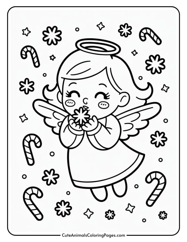 A cartoon image of a smiling angel with wings and a halo, holding a star. The background features candy canes and star shapes, suggesting a festive or holiday theme.
