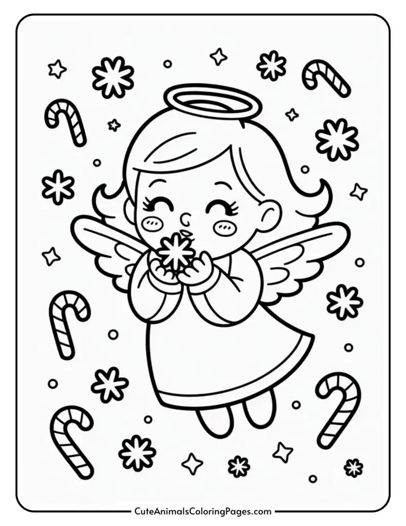 A cartoon drawing of a smiling angel with wings and a halo, holding a star. The background includes candy canes and star shapes, suggesting a festive or holiday theme.