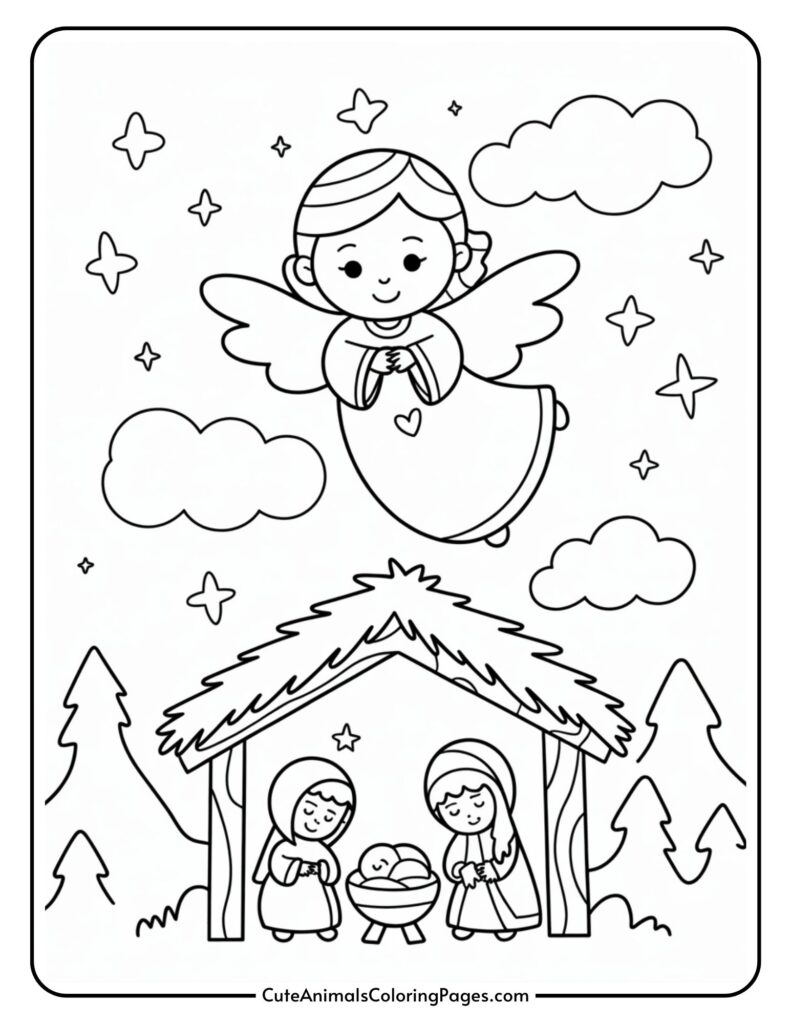 A black and white illustration of a nativity scene featuring an angel with wings above, a baby in the ground, and two figures standing nearby under a thatched roof shelter, with stars and clouds in the sky.