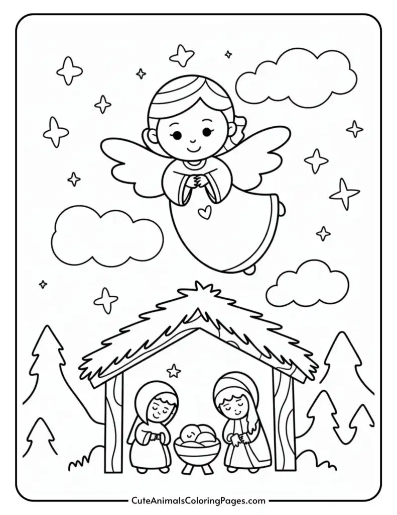 A black and white illustration of a nativity scene featuring an angel with wings above, a baby in a manger, and two figures standing nearby under a straw-roofed shelter, with stars and clouds in the sky.