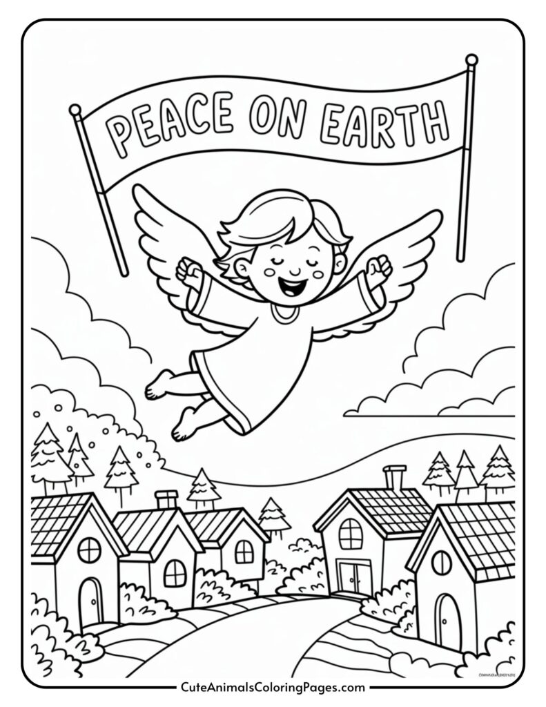 A colorful page featuring a cheerful angel with wings flying above a village with a banner reading 