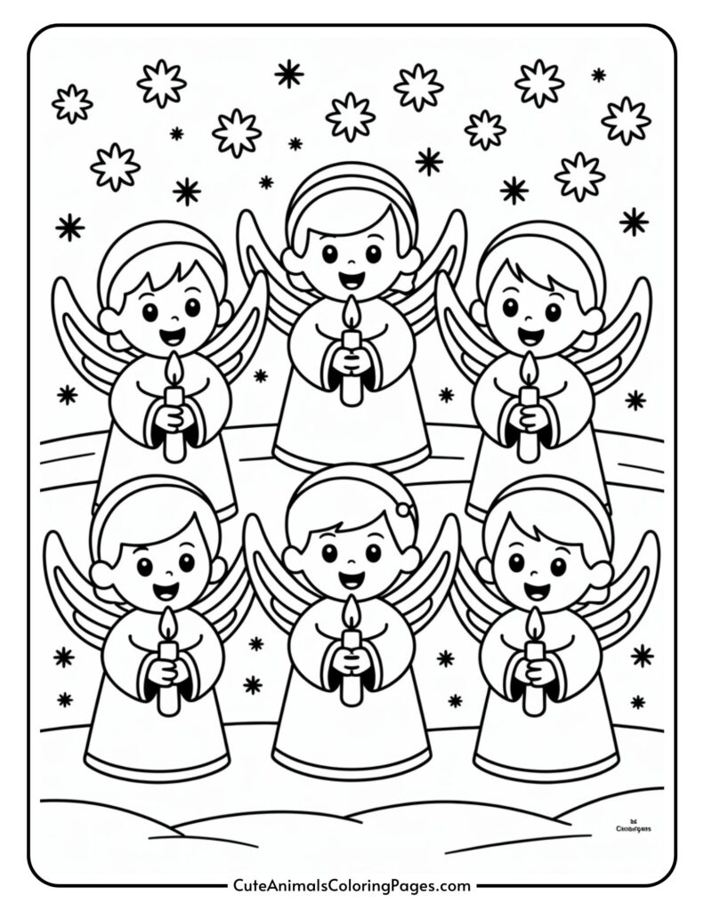 A color page depicting six smiling angels holding candles in a night sky surrounded by stars.
