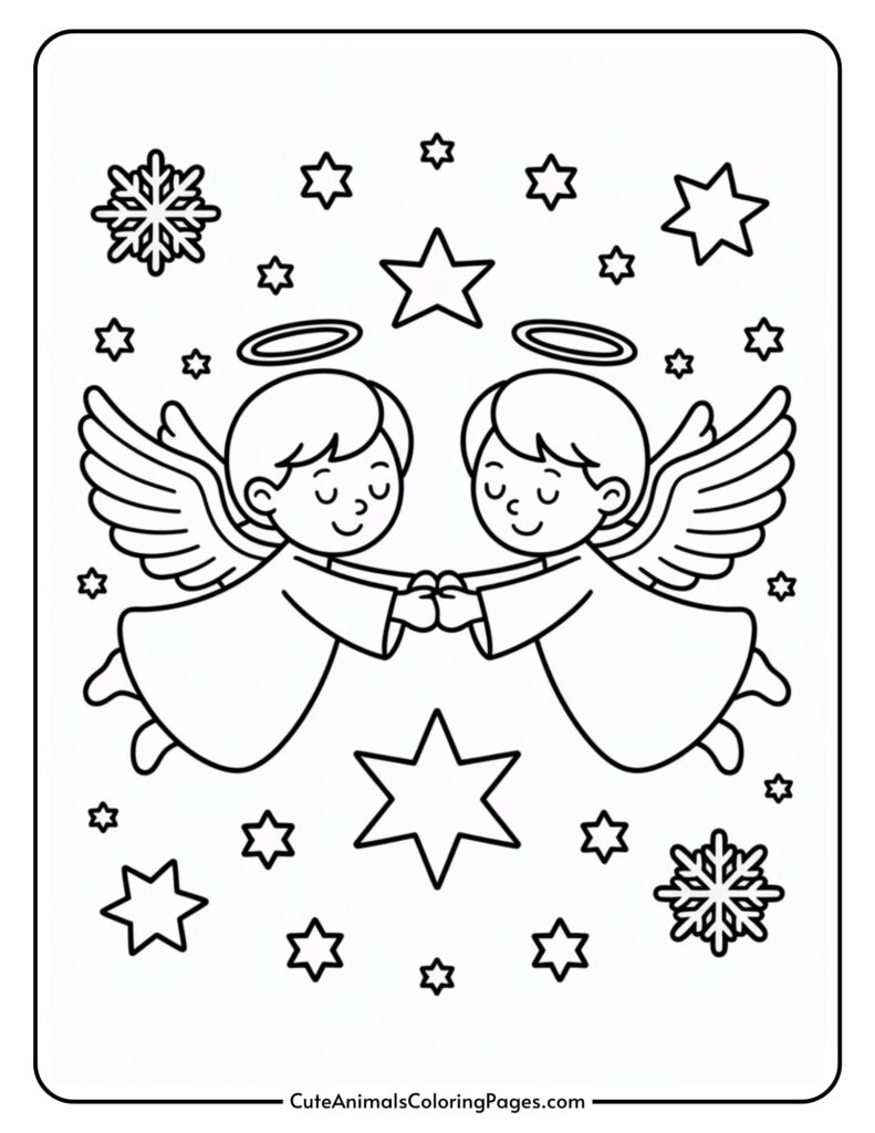 A coloring page of two cartoon angels with halos and wings holding hands, surrounded by stars and snowflakes.