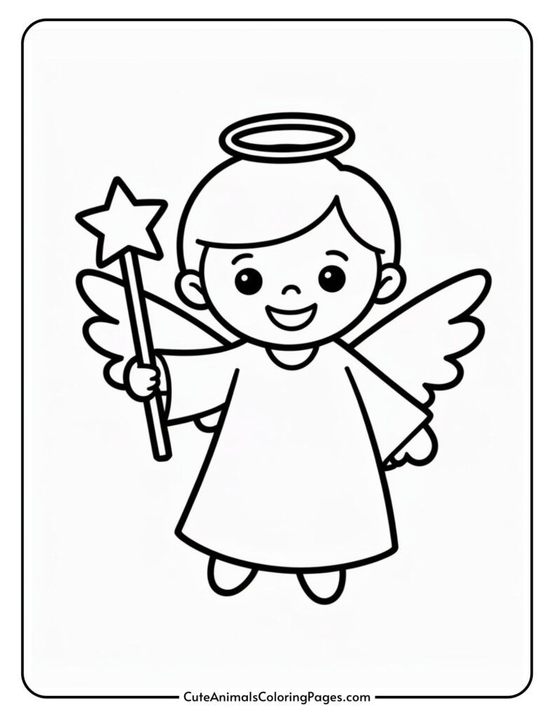 A cartoon angel with a smiley face, holding a wand with a star, wearing a halo and wings, in a simple drawn coloring page.