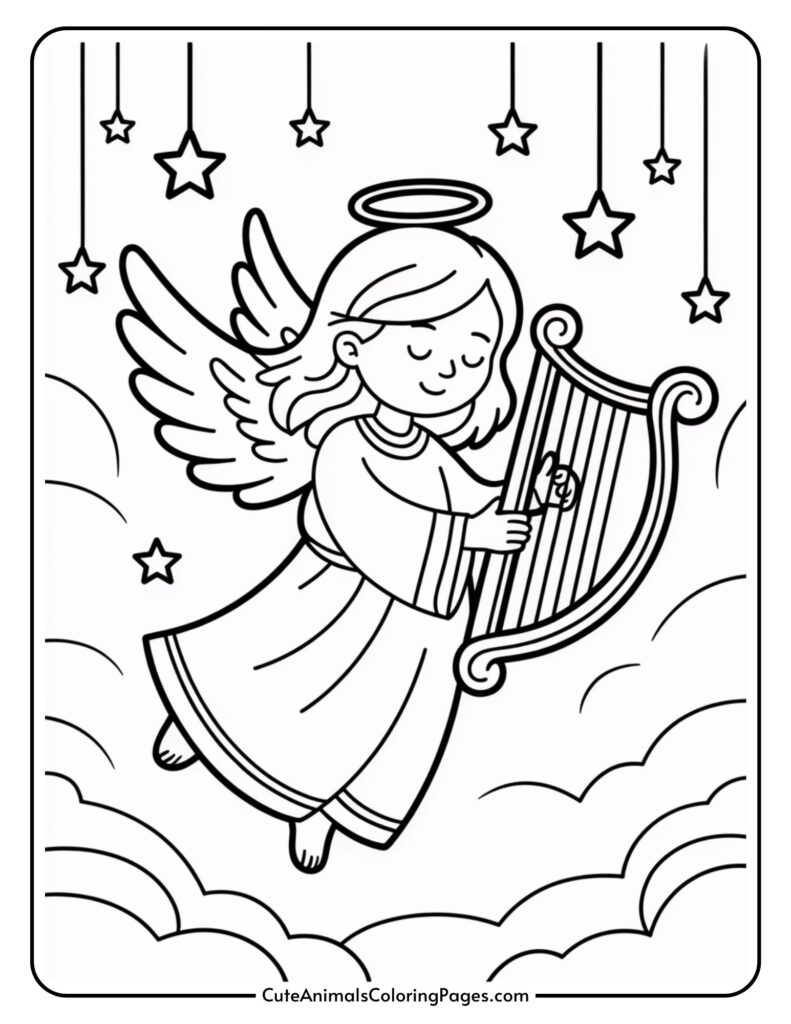 A cartoon angel with wings and halo playing the harp, floating among clouds and hanging stars.