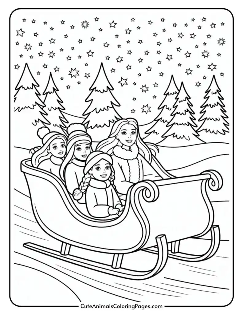 A color page depicting four people sitting in a chair, moving through a snowy landscape, surrounded by pine trees and a starry night sky.