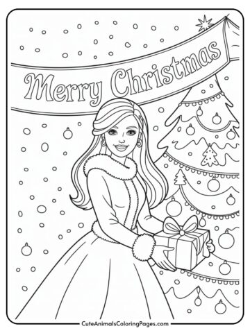 A coloring page of a smiling woman in a winter coat holding a gift, standing in front of a decorated Christmas tree and a banner that reads 'Merry Christmas.' Snowflakes are falling in the background.