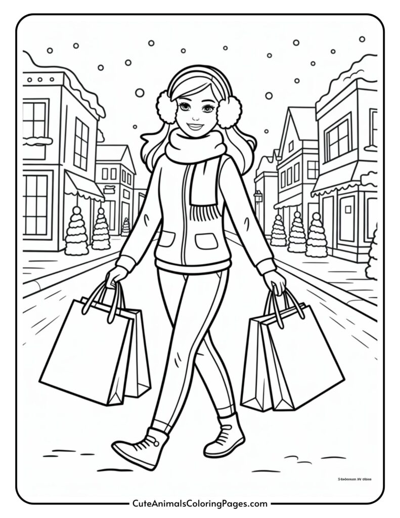 A girl wearing headphones, a hat and a winter jacket walks down a snowy street lined with buildings, carrying shopping bags in each hand.