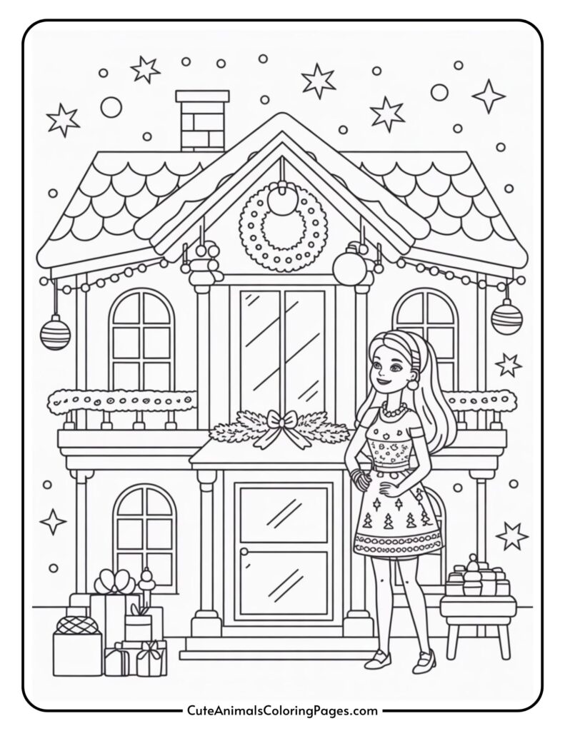 A color page featuring a young girl standing in front of a house decorated with Christmas decorations, wreaths and presents, surrounded by stars and snow in the background.