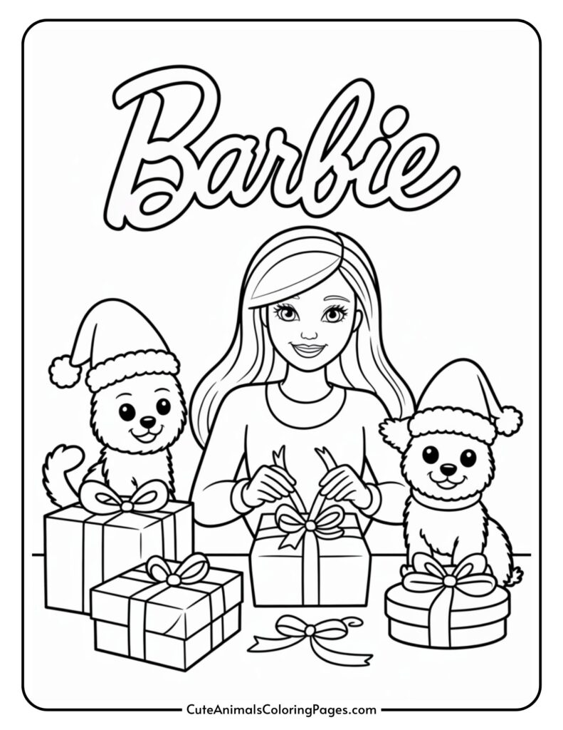 A black and white color page shows a character wrapping presents flanked by two dogs wearing Santa hats, and the word 'Barbie' above.