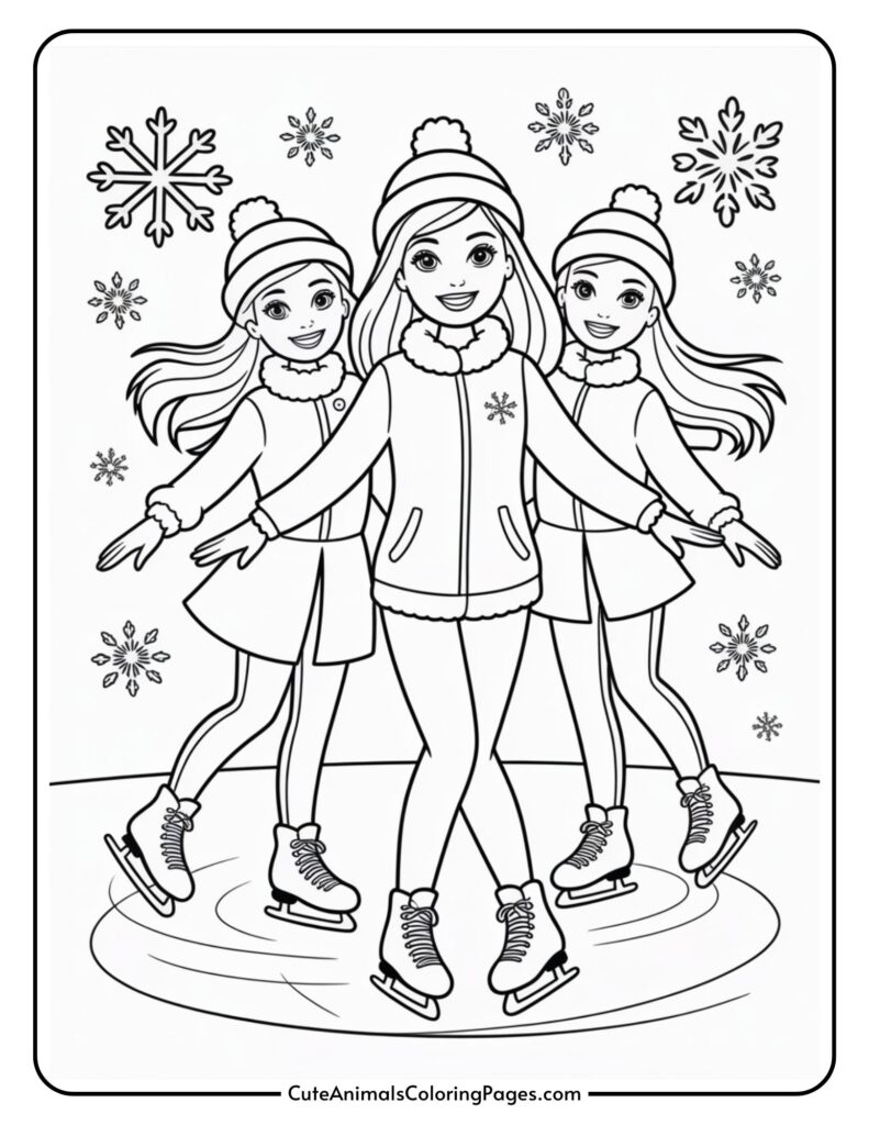 A color page of three girls ice skating together, dressed in winter clothes, hats and ice skates, with snowflakes in the background.