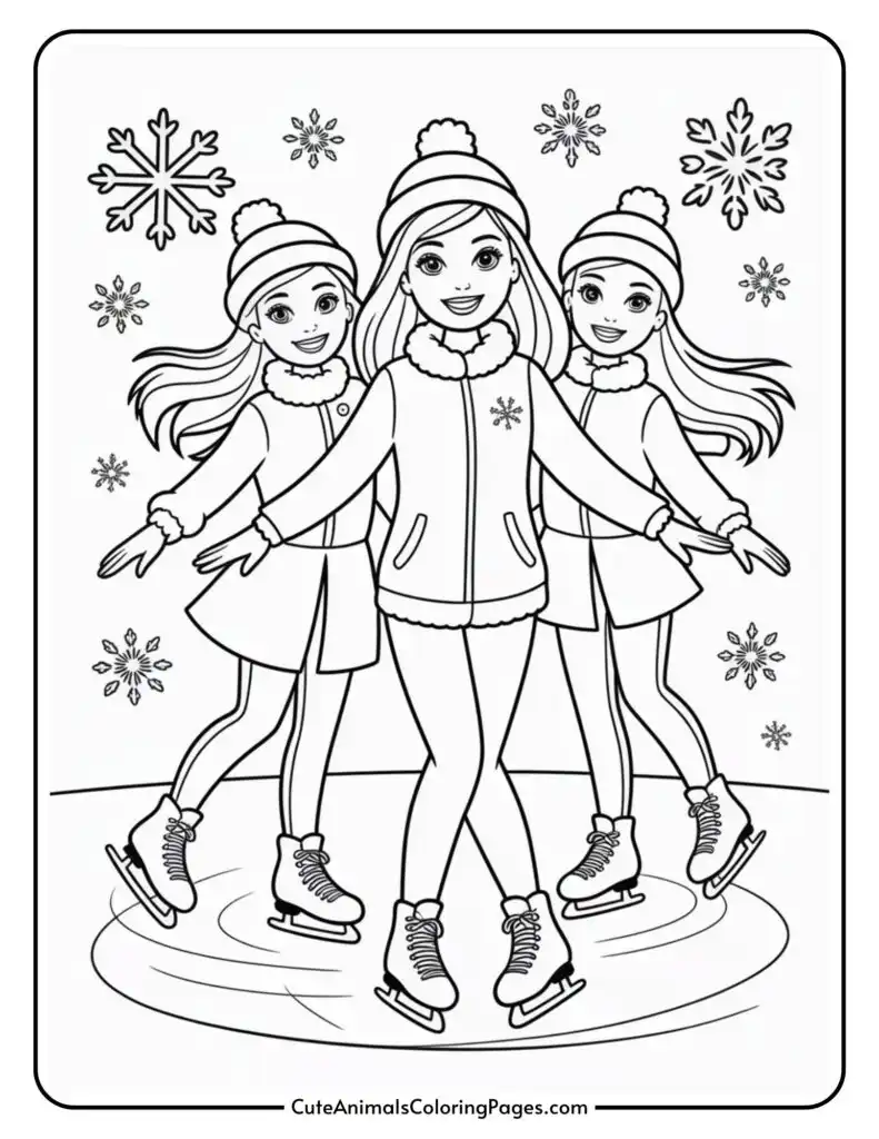 Coloring page of three girls ice skating together, wearing winter coats, hats, and ice skates, with snowflakes in the background.