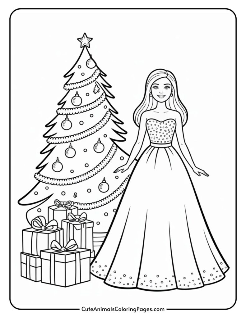 A colorful page featuring a girl in a beautiful long dress standing next to a decorated Christmas tree with a star on top, surrounded by presents wrapped in bows.