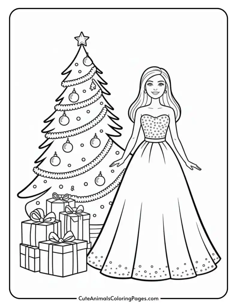 A coloring page featuring a girl in an elegant long dress standing beside a decorated Christmas tree with a star on top, surrounded by wrapped presents with bows.