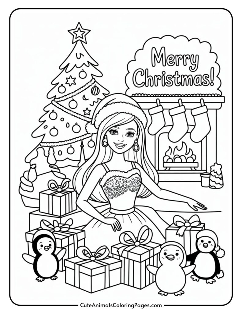 A coloring page featuring a woman in a festive outfit and Santa hat surrounded by wrapped presents and cheerful penguins in front of a decorated Christmas tree and fireplace with stockings. 