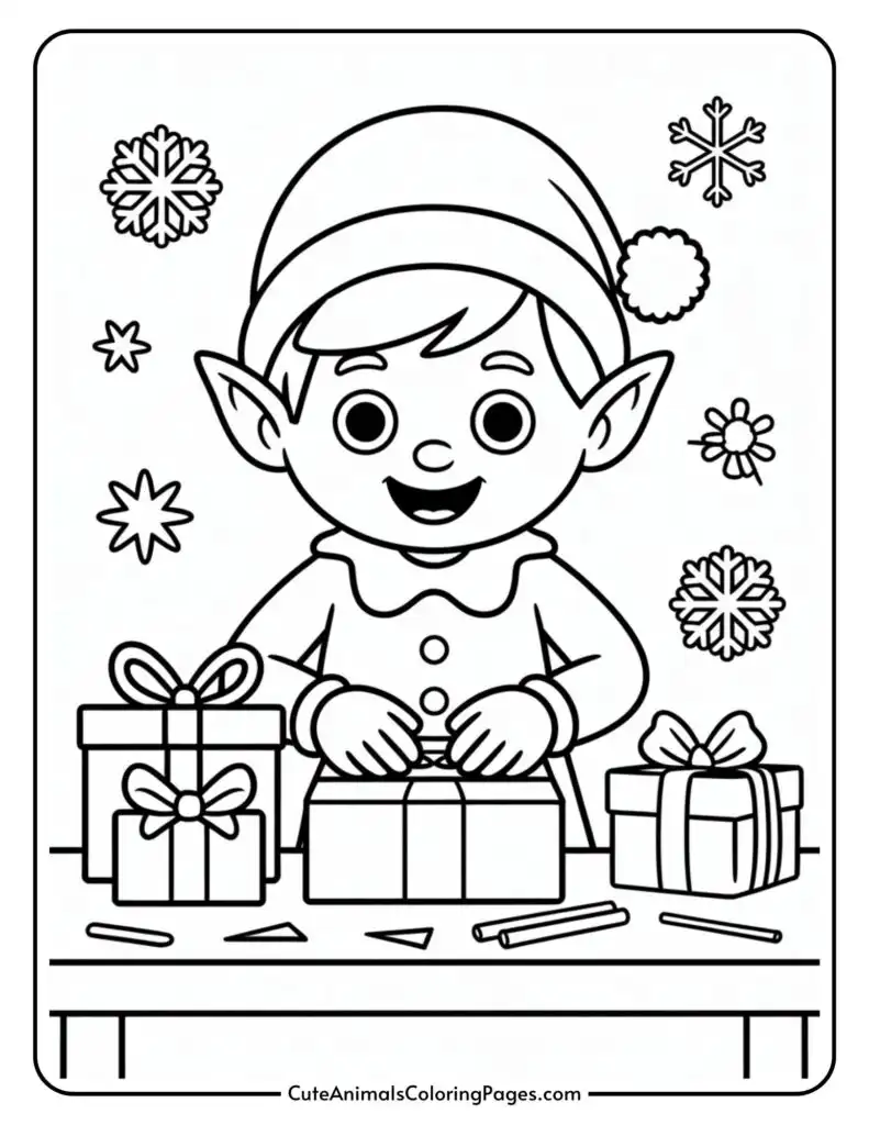 A colorful page shows a cheerful elf wrapping presents on a table decorated with snowflakes and stars.