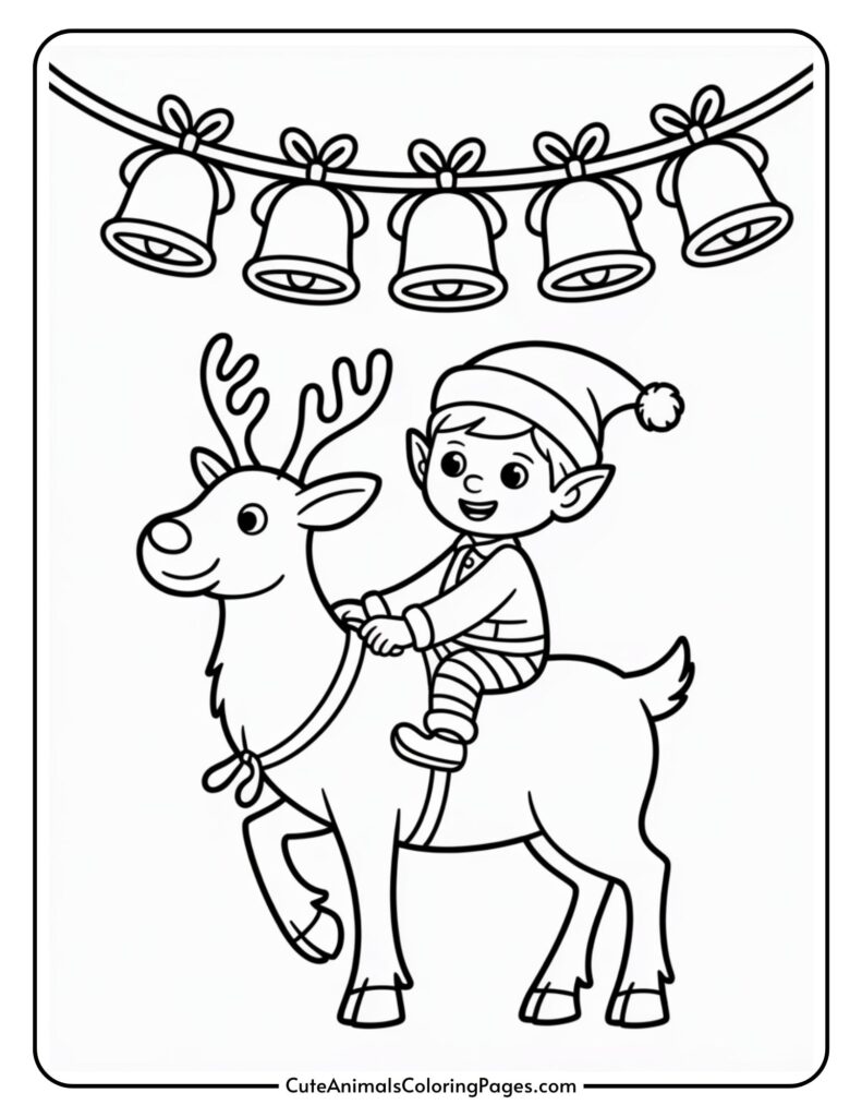 A coloring page of a smiling elf wearing a striped dress and hat riding a donkey. Above them, a bell hangs, adding to the festive atmosphere.