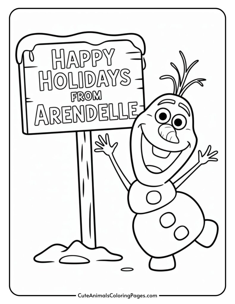 A cartoon snowman with a big smile and puffy arms stands next to a wooden sign that says 'Happy Holidays from Arendelle', with snow on the sign and the floor.