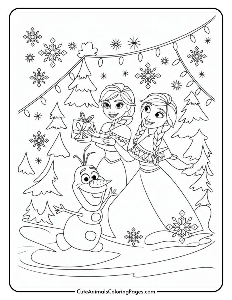 A coloring page featuring two curly-haired characters dressed in winter clothes, holding a gift, and standing in a snowy forest decorated with wire rods and snowflakes. A cheerful snowman stands before them and smiles.
