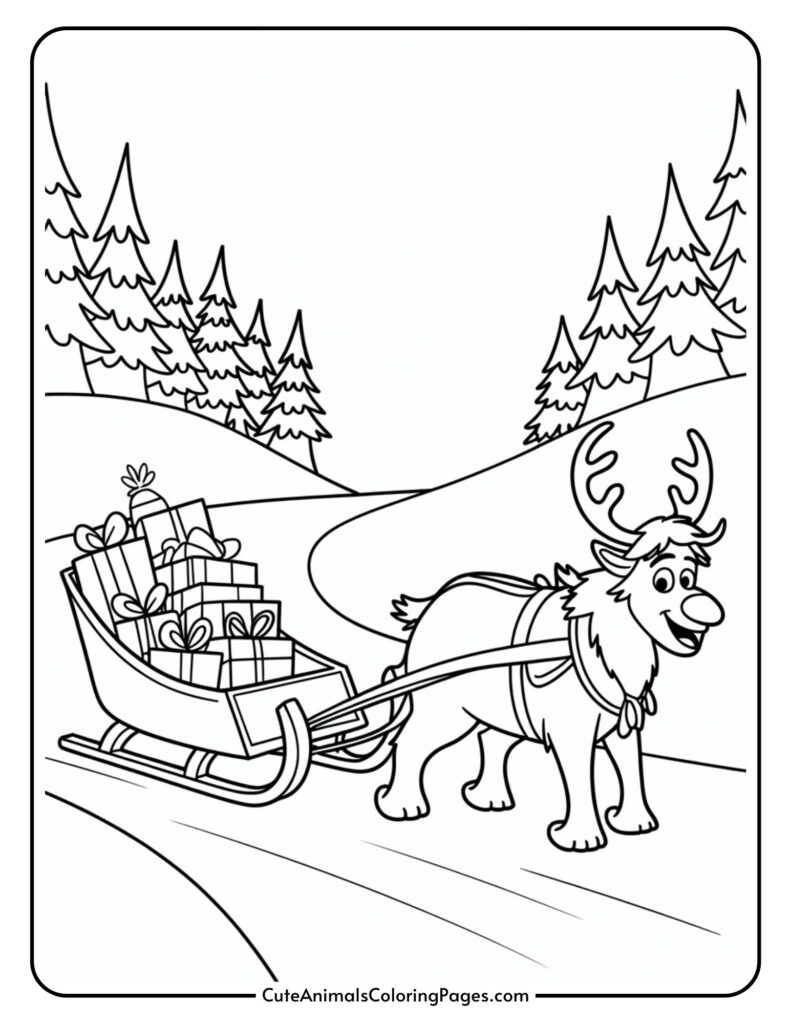 An animated deer pulling a sled full of gift boxes in a snowy forest with pine trees in the background.