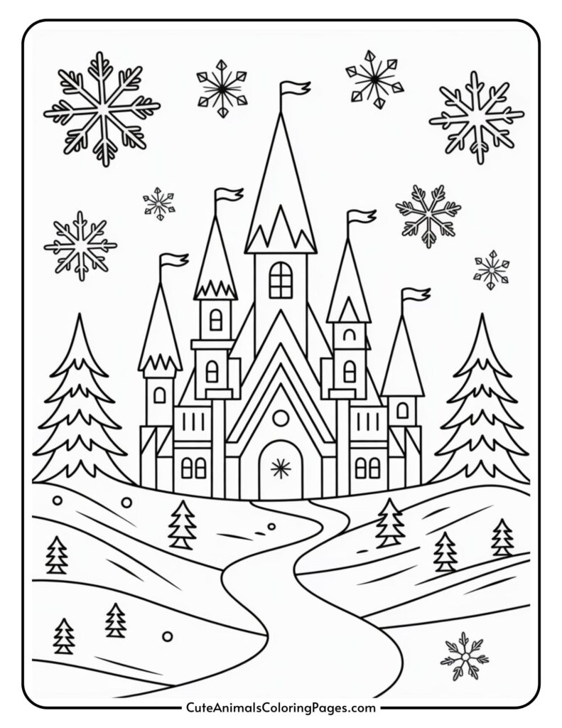 A colorful black and white page of a fairy tale castle with towering spires and flags, surrounded by snowy trees and evergreens on a mountainous terrain.