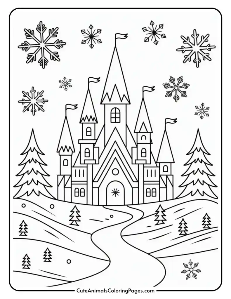 A black and white coloring page of a fairytale castle with tall spires and flags, surrounded by snowflakes and evergreen trees on hilly terrain.