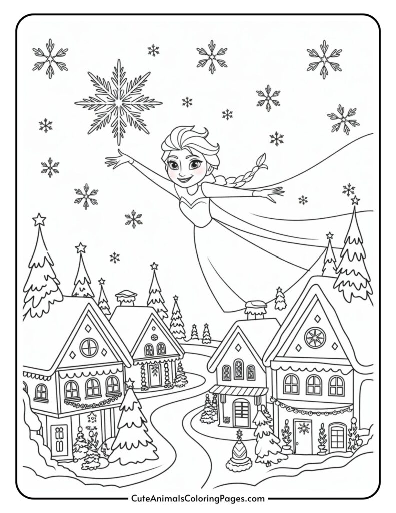 A colorful page showing a smiling female character with long braided hair and a flowing dress, surrounded by large snowy trees, above a snowy village with beautiful, decorated houses and pine trees.