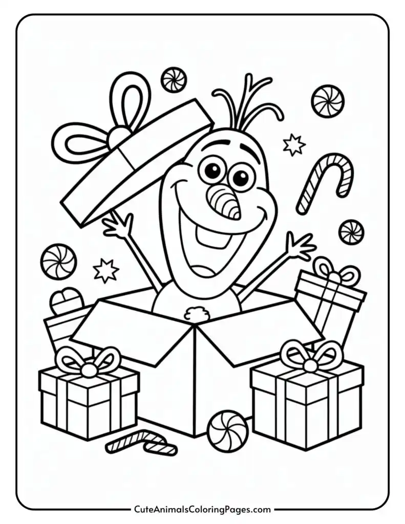 A cheerful cartoon character with spiky hair and a carrot-shaped nose pops out of an open gift box, surrounded by candy canes, wrapped presents, and candy circles in a festive coloring page.