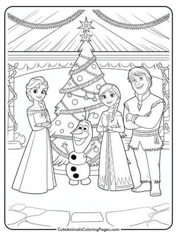 A coloring page featuring four characters from a popular animated film series, standing in front of a decorated Christmas tree. The scene includes two female characters in dresses, a snowman, and a male character in winter attire. The room is adorned with garlands and holiday decorations.