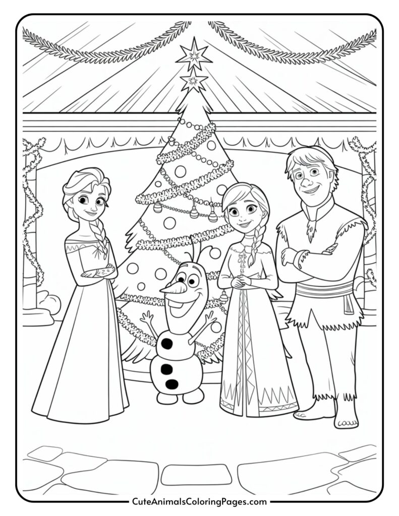 A coloring page featuring four characters from a popular animated series, standing in front of a decorated Christmas tree. In the scene, there are two female characters dressed in snow, and a male character in winter clothes. The room is decorated with garlands and festive decorations.