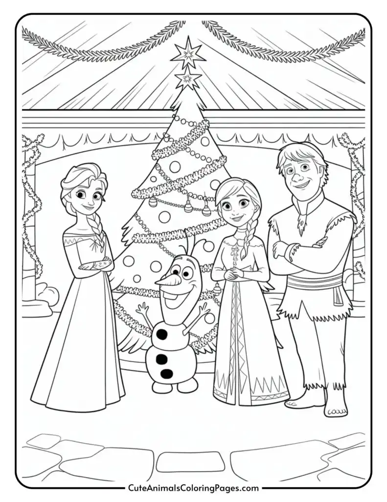 A coloring page featuring four characters from a popular animated film series, standing in front of a decorated Christmas tree. The scene includes two female characters in dresses, a snowman, and a male character in winter attire. The room is adorned with garlands and holiday decorations.