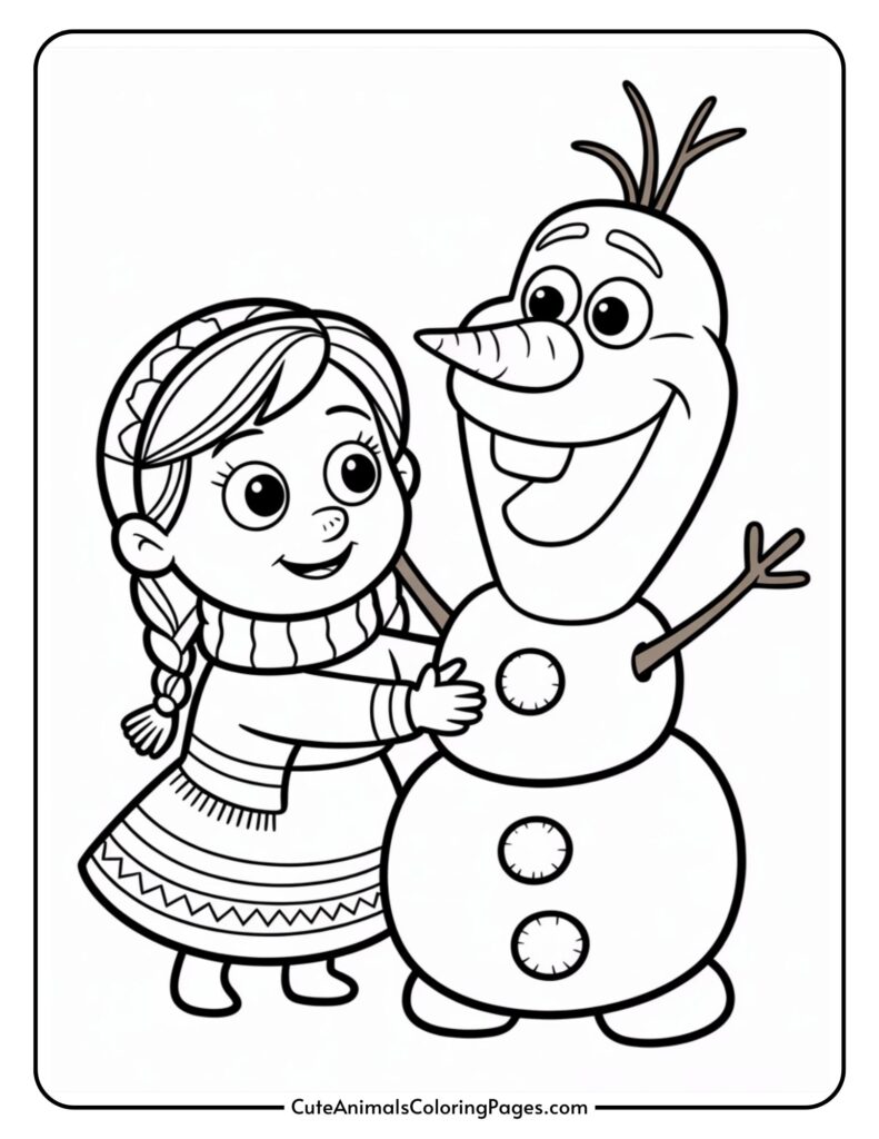 A cartoon girl in winter clothes with braided hair hugs a smiling snowman with a carrot nose and puffy shoulders.