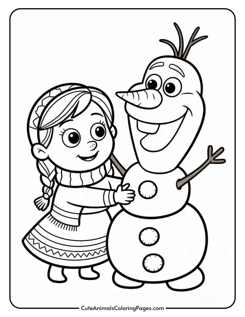 A cartoon girl in winter attire with braided hair hugging a smiling snowman with a carrot nose and stick arms.