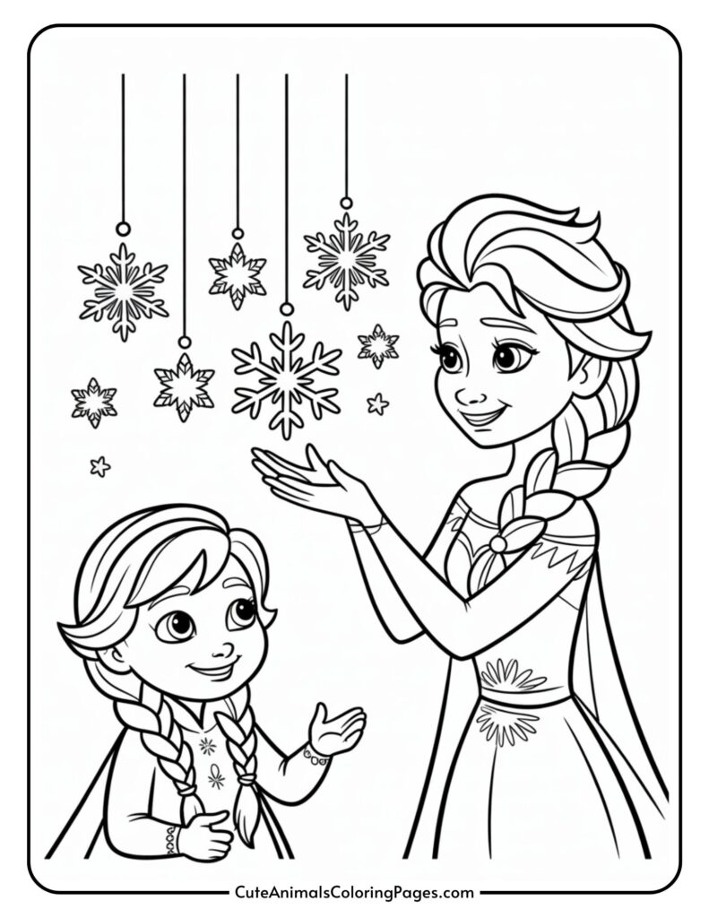 A coloring page featuring two cartoon characters with curly hair, one older and one younger. The older character floats in the snow, both smiling and wearing fancy clothes.
