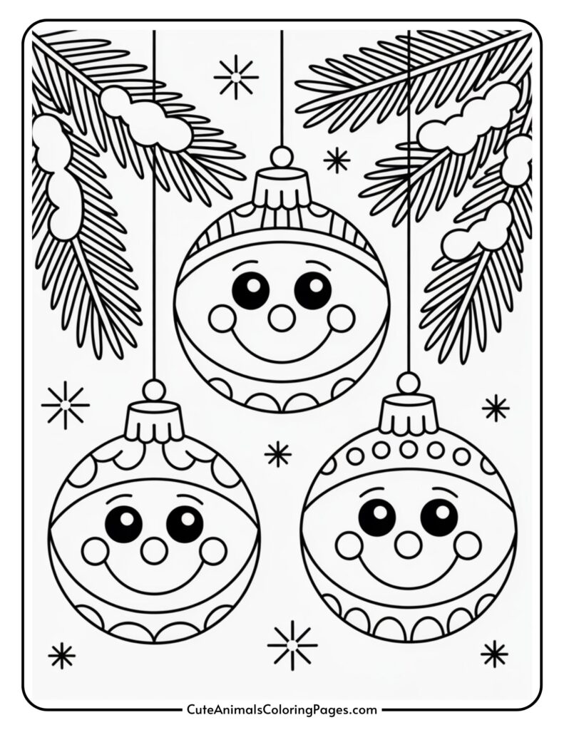 Coloring page with three cartoon Christmas ornaments with smiley faces hanging from pine branches, surrounded by snowflakes.