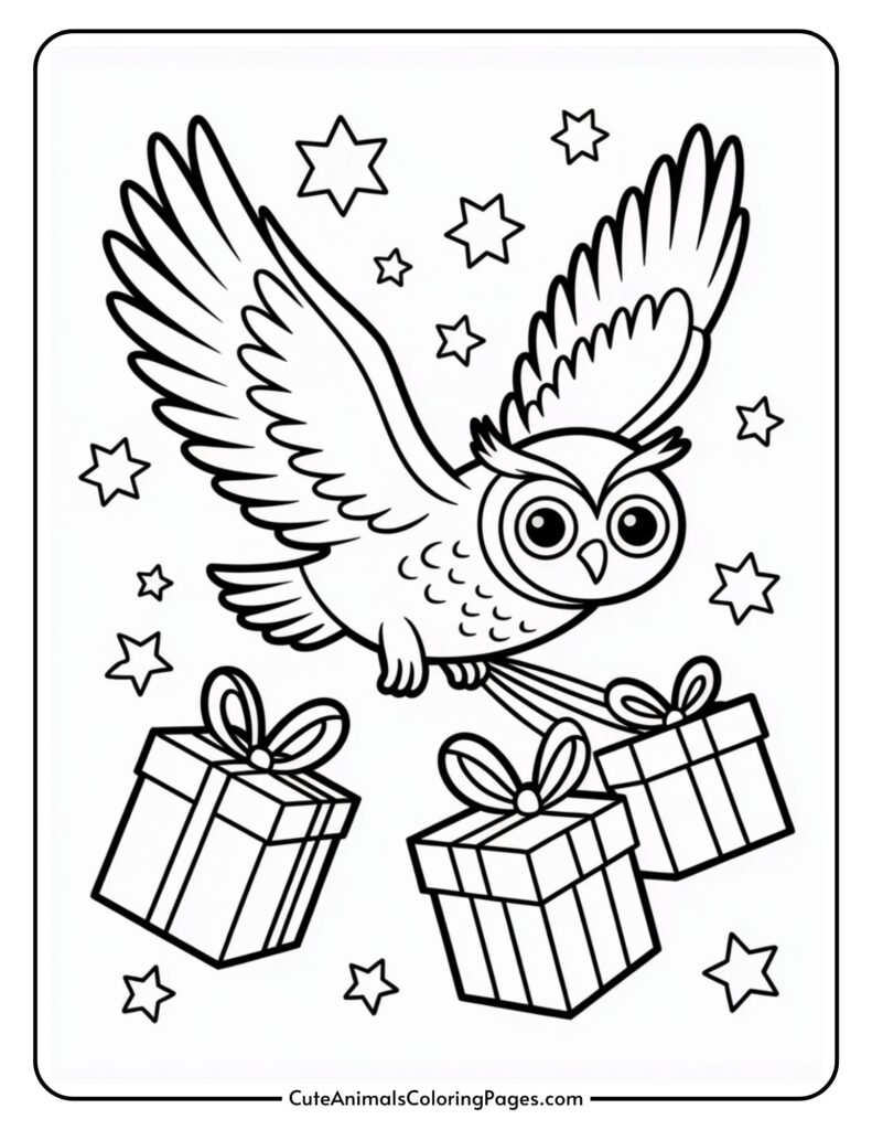 A colorful page featuring an owl flying with outstretched wings features three gift boxes tied with ribbons. The stars are scattered around the bow in the background.