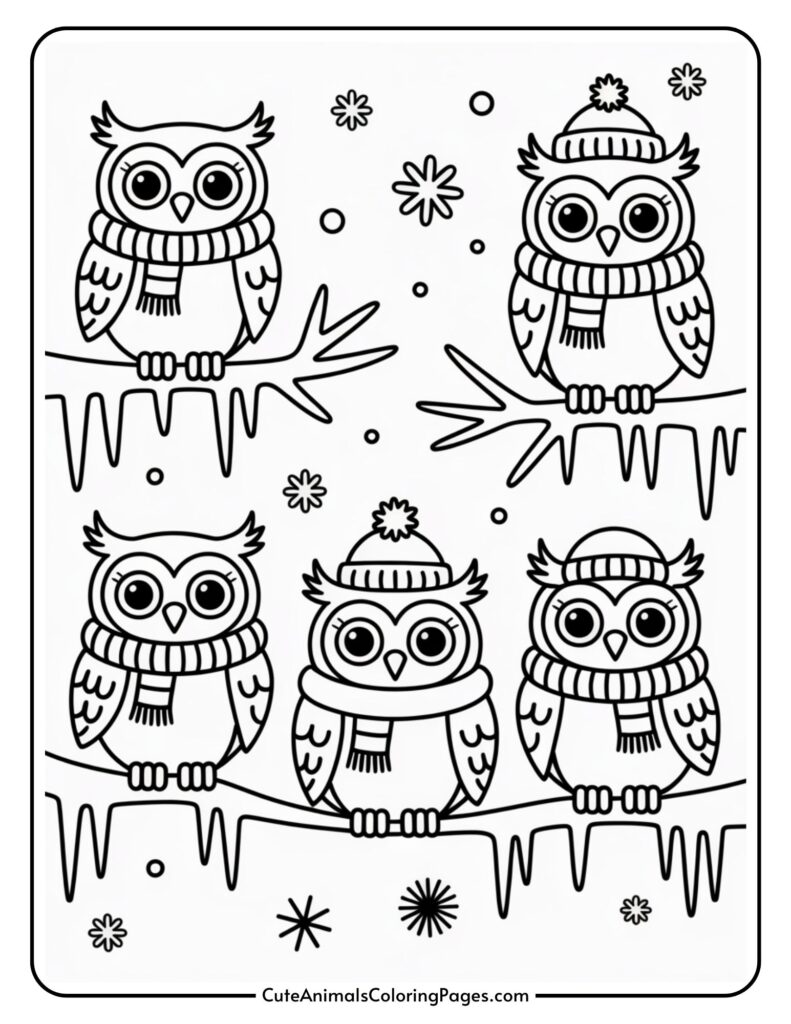 A coloring page featuring five cartoon owls wearing winter scarves and hats, sitting on snowy branches with snowflakes falling around them.