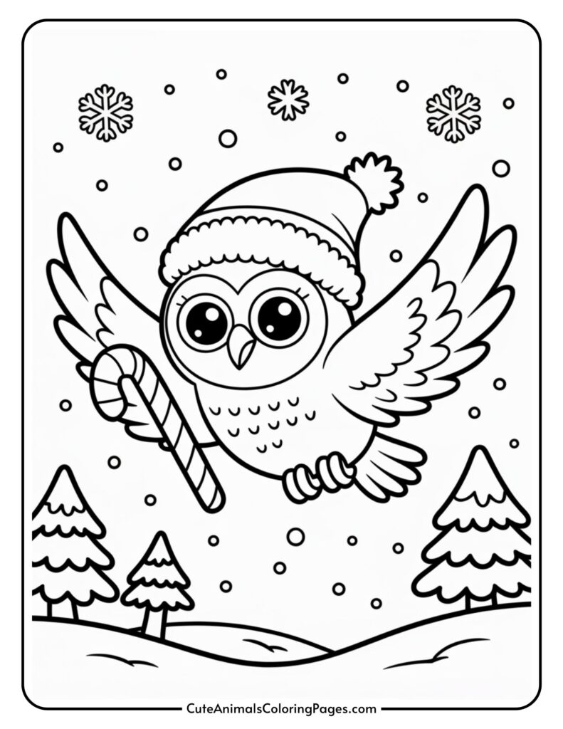 A cartoon dog wearing a Santa hat flies through a snowy landscape, holding a candy cane in its beak. Snow and snow covered trees are in the background.