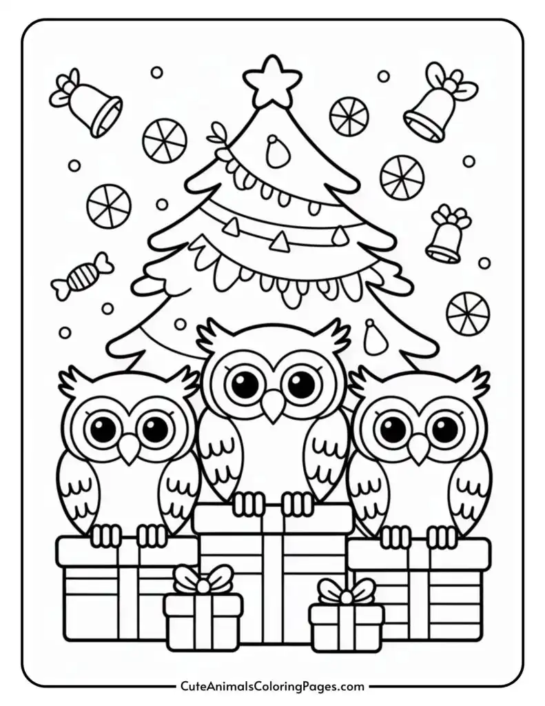 Illustration of three cartoon owls sitting on gift boxes in front of a decorated Christmas tree, surrounded by bells, candies, and ornaments.