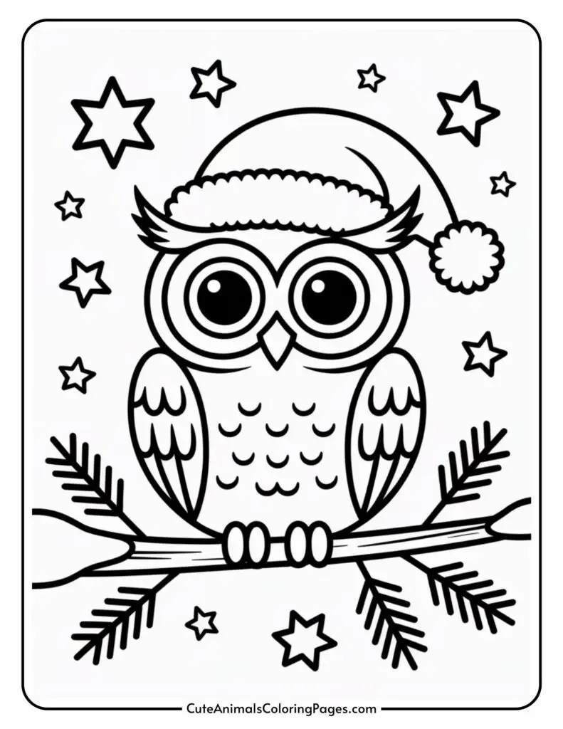 A cartoon owl wearing a Santa hat perched on a branch, surrounded by stars in a coloring page outline.